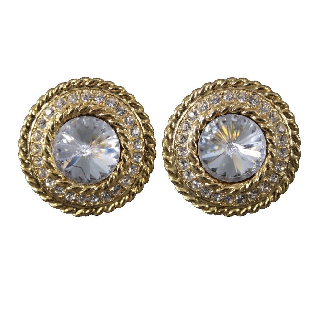 St John Goldtone Rope Edge Textured Rhinestones Round 1" Cuff Links